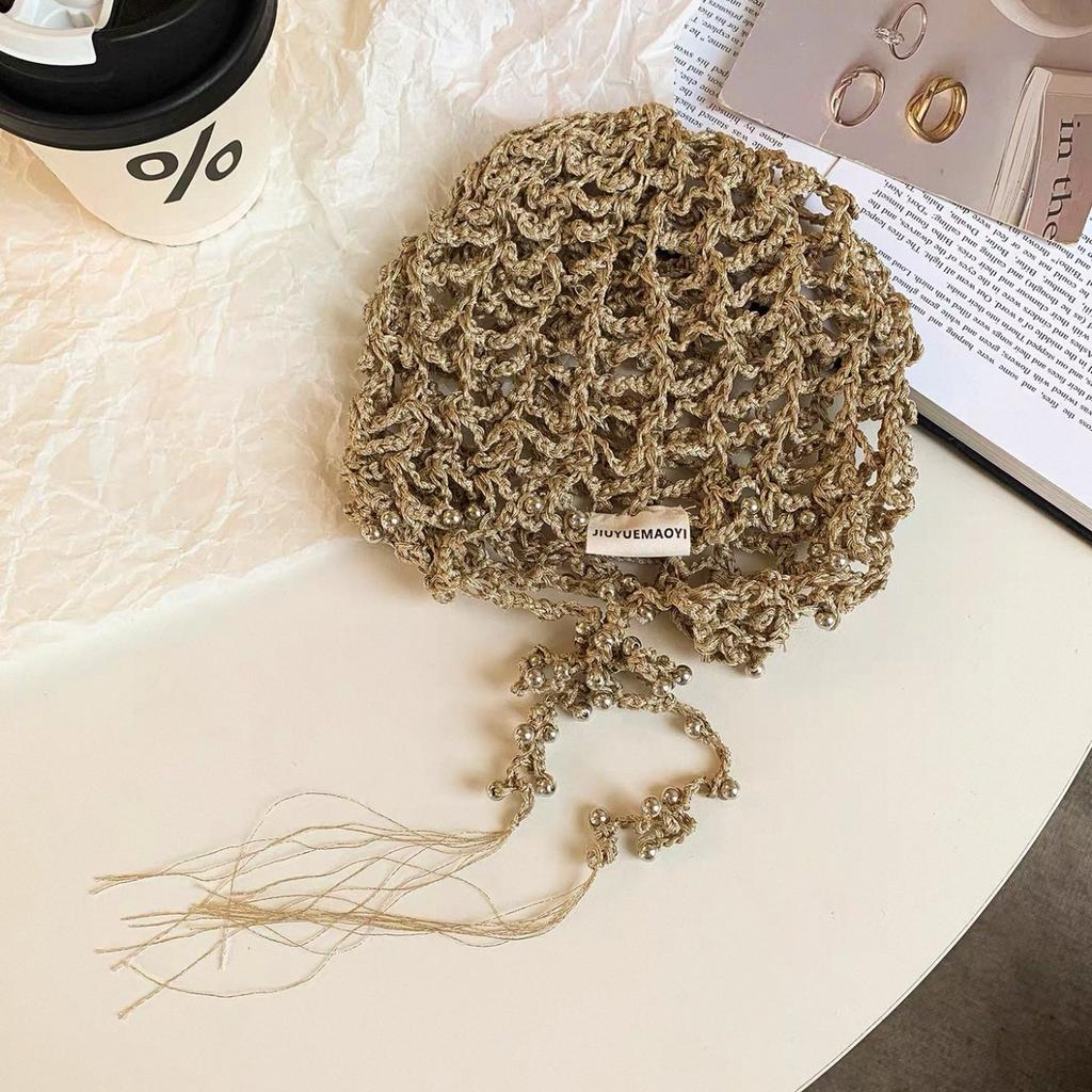 Pearl hollowed-out handmade crochet headgear female summer fringed sweet pullover hat showing face small knitted cold hat
