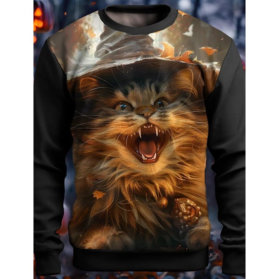 Padrão de gatinho de Halloween impresso em 3D, camiseta masculina de outono com gola redonda, manga comprida casual, pulôver grande, moda tops