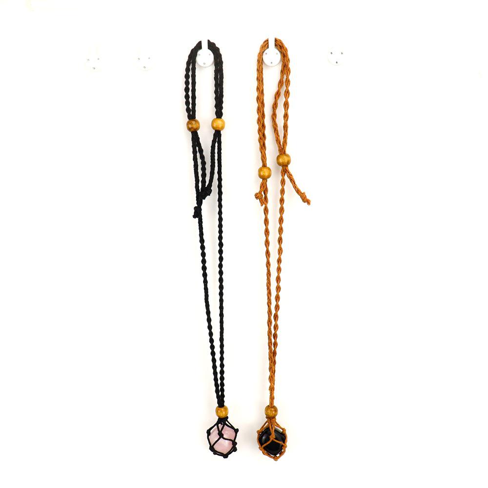 Adjustable Natural Black Stone Mesh Necklace with Woven Bag - Sweater Chain N168