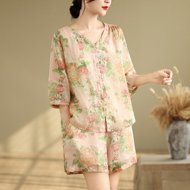 

Summer 2025 Printed Loose Top & Shorts Set 2XL розовый
