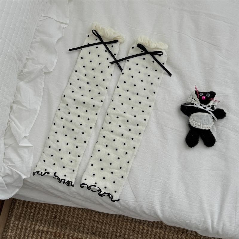 2 Pairs of Retro Polka Dot Sock Covers, Bow Pile Socks, Double-needle Socks, Slimming Leg Covers for Women