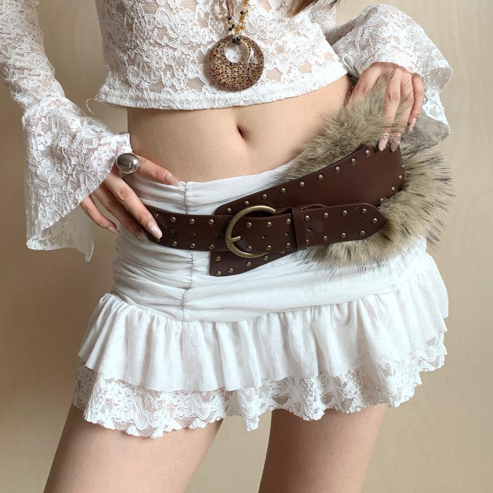 PU Leather Furry Waistband Rivet Y2K Waistband Fashion Plush Belt  Female/Girls