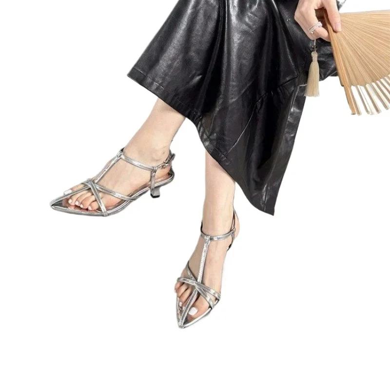 Fashion Ladies Shoes Slingbacks Women's Sandals Elegant Dress Sandals Women Narrow Band Pointed Toe Buckle Strap Thin Heels Shoes Women