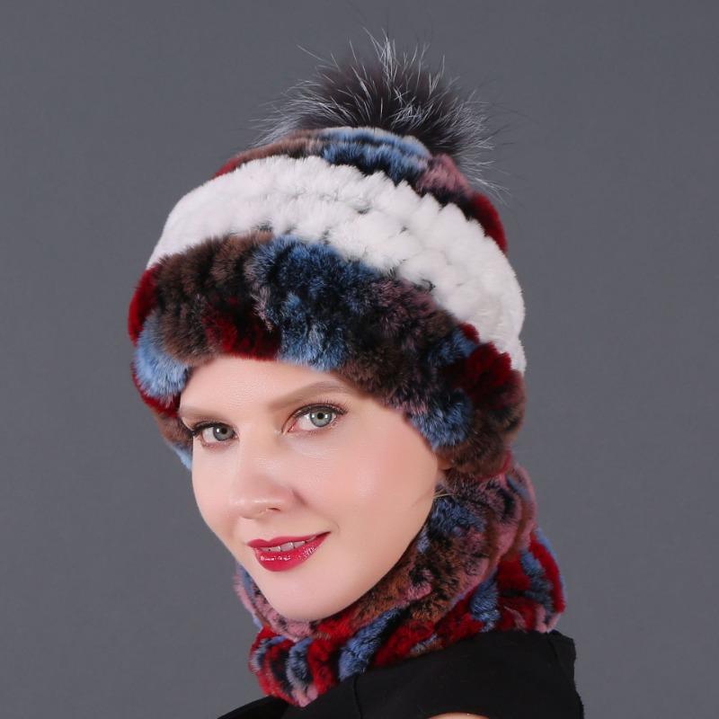 New hat scarf winter thickened thermal hat Rex rabbit fur grass Rex rabbit fur scarf two-piece set