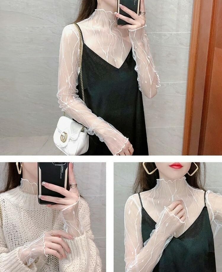 DAYCLOSET Sheer Blouse Shirt Long High White Women's Top, Sleeve, See-Through Lace, Neck, Lightweight, Spring, Summer, Autumn, Tops1942, M, Regular,