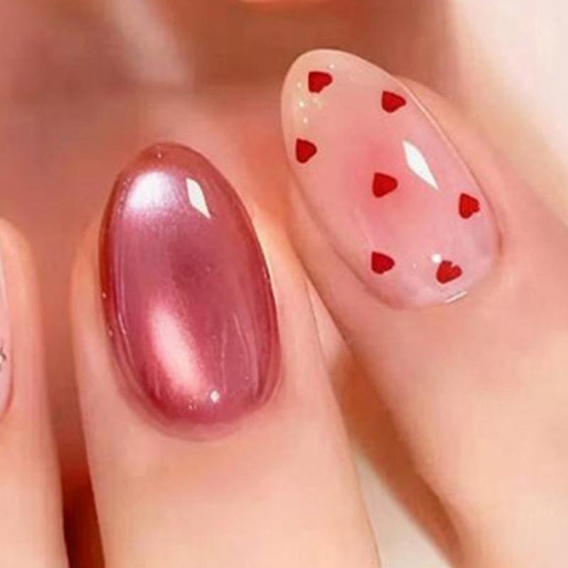 30Pcs Rhinestones Bows Press On Nail Short Almond Shape With Metallic Cats Eye Effect