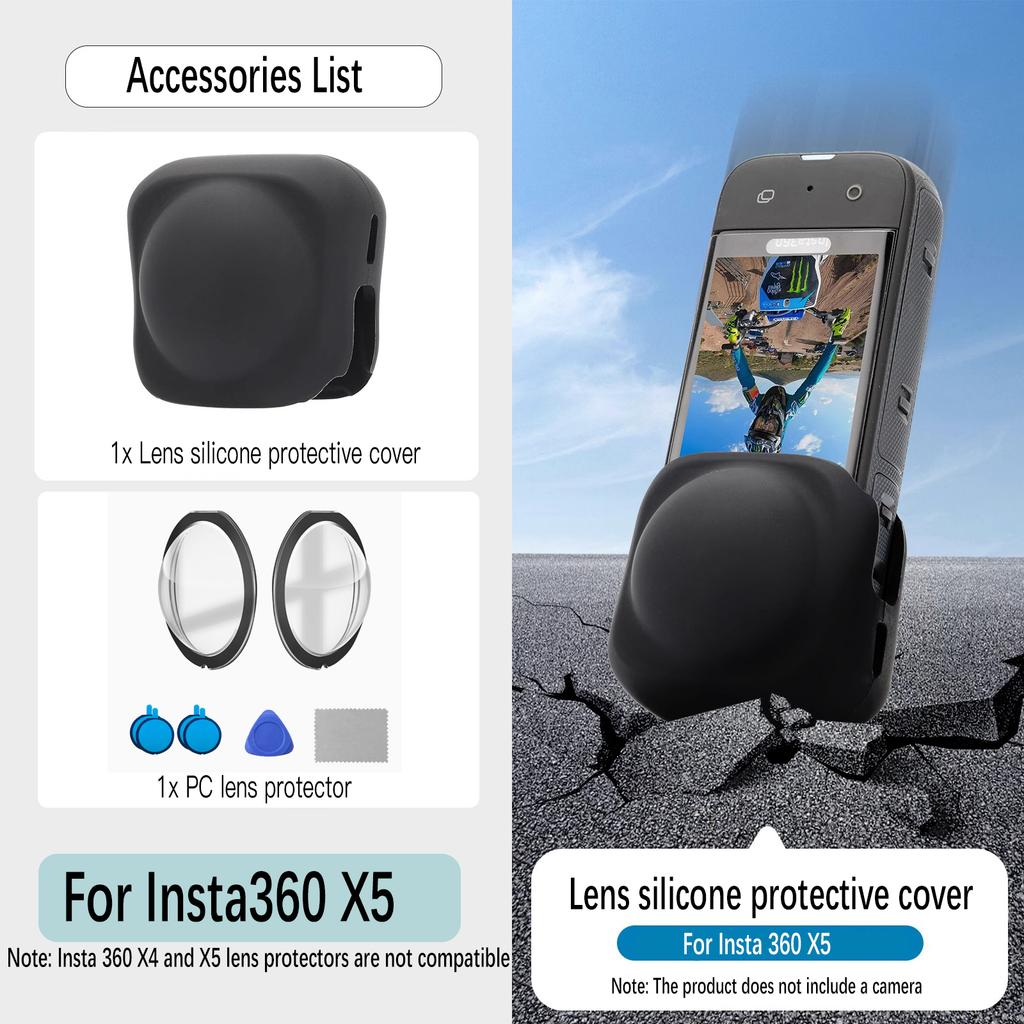 Geeignet für Insta 360 X3/X4/X5 Silikon-Objektivschutzhülle, gehärtete Folie, Objektiv-PC-Schutzlinse