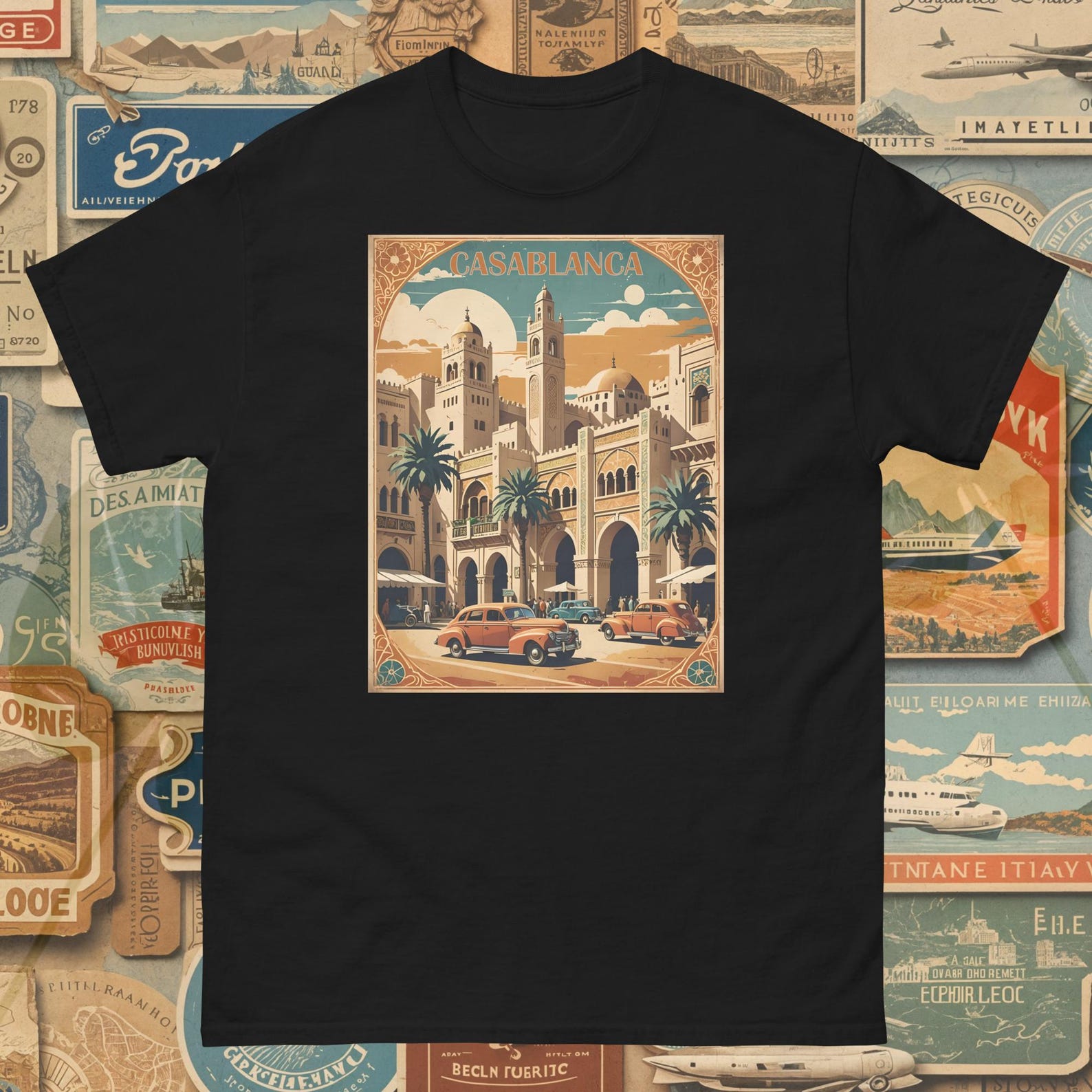 Casablanca Vintage Travel Poster T-Shirt, Retro North Africa Tee 4XL