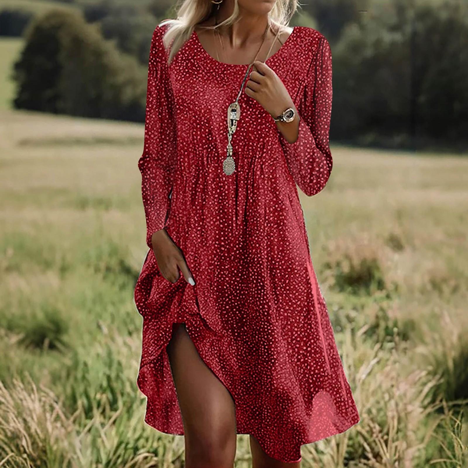 

Платье с длинным рукавом для женщин повседневное свободного кроя летнее платье-сарафан платье с цветочным принтом с карманами L винный