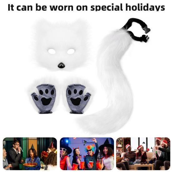 Furry Therian Kostýmová sada pro dívky ženy ocas z umělé kožešiny plyšová maska nadýchané tlapkové rukavice sada liška kočka vlk zvíře cosplay doplňky