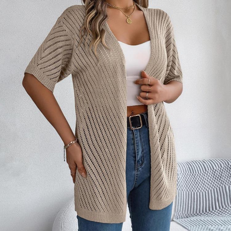 Women's Elegant V Neck Loose Knitted Cardigan Solid Check Sweater Tops for Spring Summer Fashion