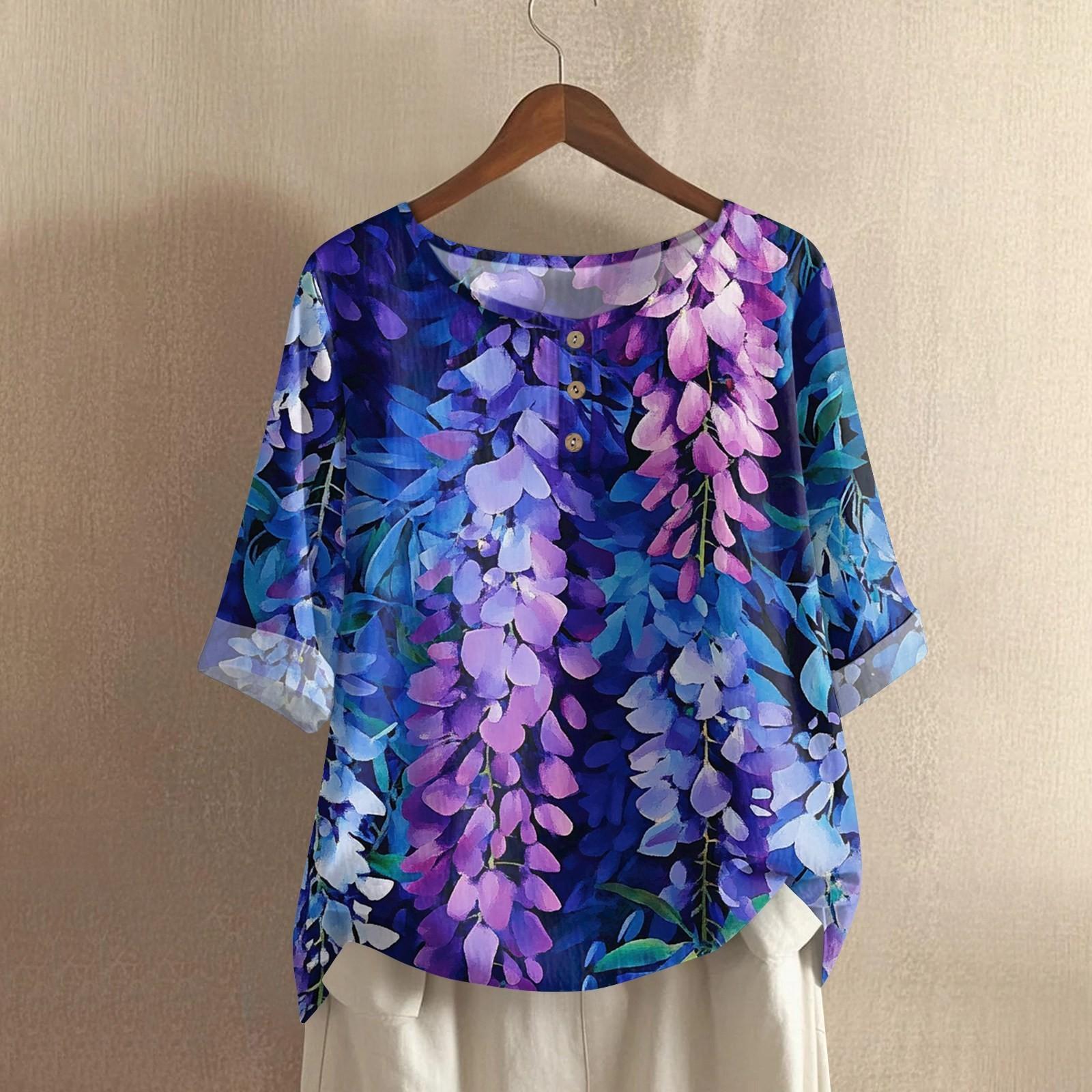 

Женская модная и повседневная рубашка с полурукавом, круглым вырезом и принтом, блузка, топ M фиолетовый