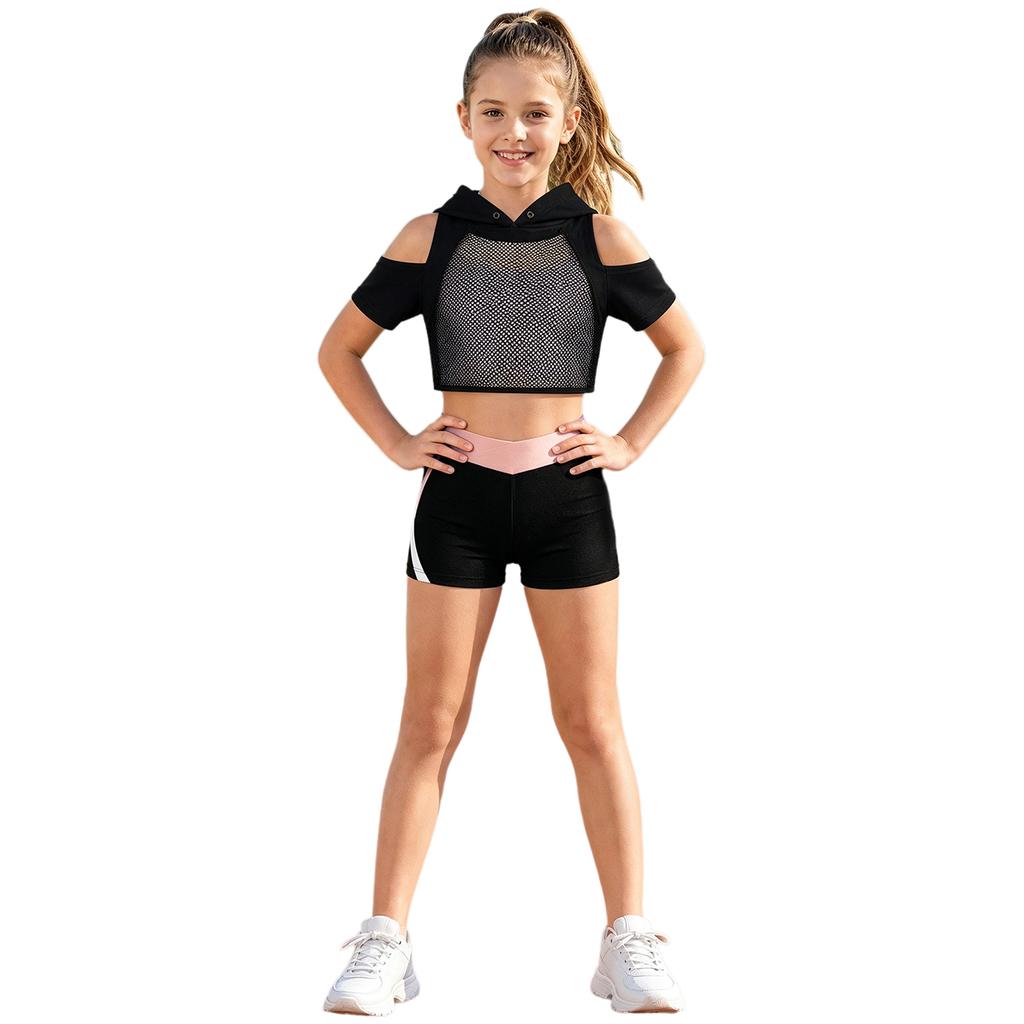 Kids Girls 3 Piece Sport Set Spaghetti Strap Vest Cold Shoulder Mesh Crop Hoodie with V Front Waist Shorts for Dance Gym Training