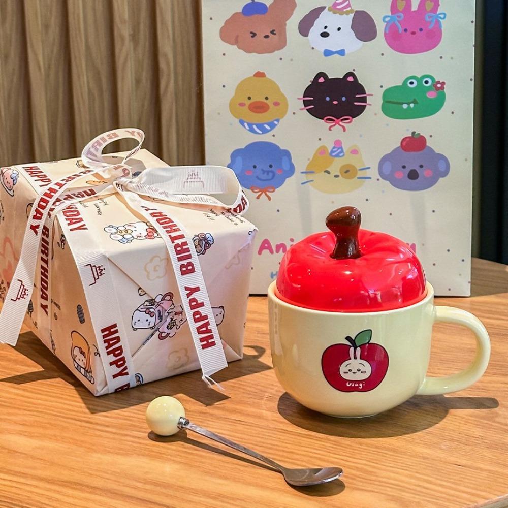 Cute Apple High-value Cup Ceramic Mug with Lid Spoon Couple Home Coffee Cup Girl Birthday Gift