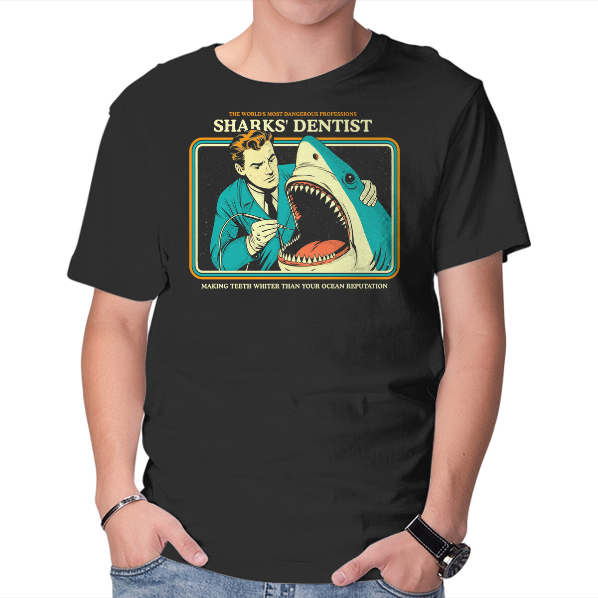Unisex Crew Neck T-Shirt Sharks Dentist Graphic Short Sleeve Casual Tee XS