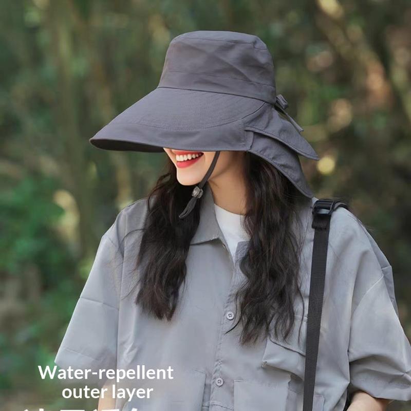 Solid Color Wide Brim Sun Hat Korean Style With Neck Cover Sun Protection Hat Neck Protection Adjustable Women Bucket Hat Ladies