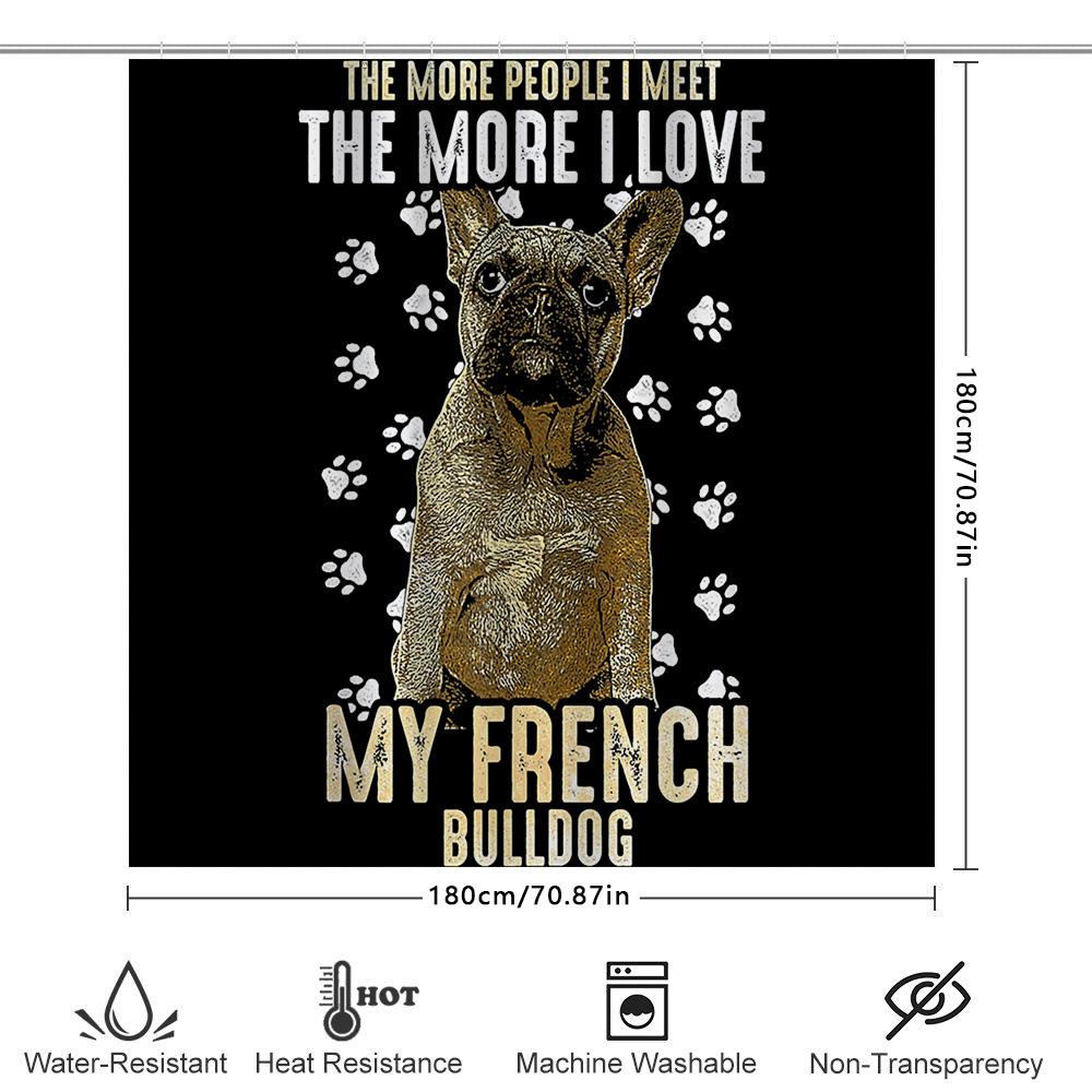 Decorative Dog Print Shower Curtain French Bulldog Design, White Paw Prints, Premium Quality Fabric, Waterproof Bath Mat Set For