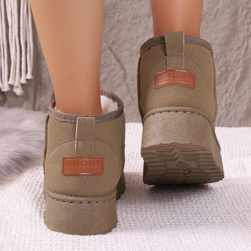 Women Winter Large Size Round Toe Thick Sole Snow Boots Casual Short Tube Velvet Fur Warm Cotton Shoes Solid Color 36-41