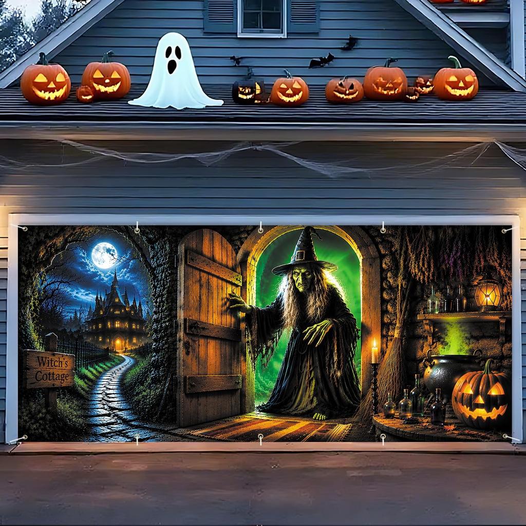 7 x 16 FT Large Halloween Garage Door Banner,Witch Cottage Halloween Decorati...