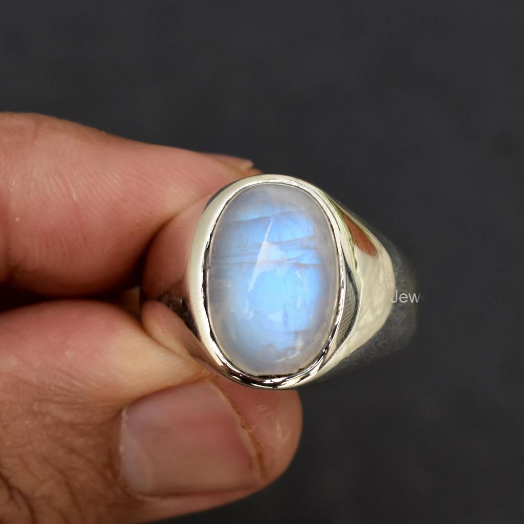 Blue Fire Rainbow Moonstone 925 Sterling Silver Signet Ring Jewelry, Handmade Fine Silver Moonstone Ring