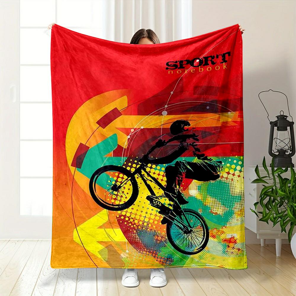 "Colorful BMX Bike Stunt Design" Patterned Flannel Blanket Perfect for the Bedroom Living Room, Sofa, or a Little Nap