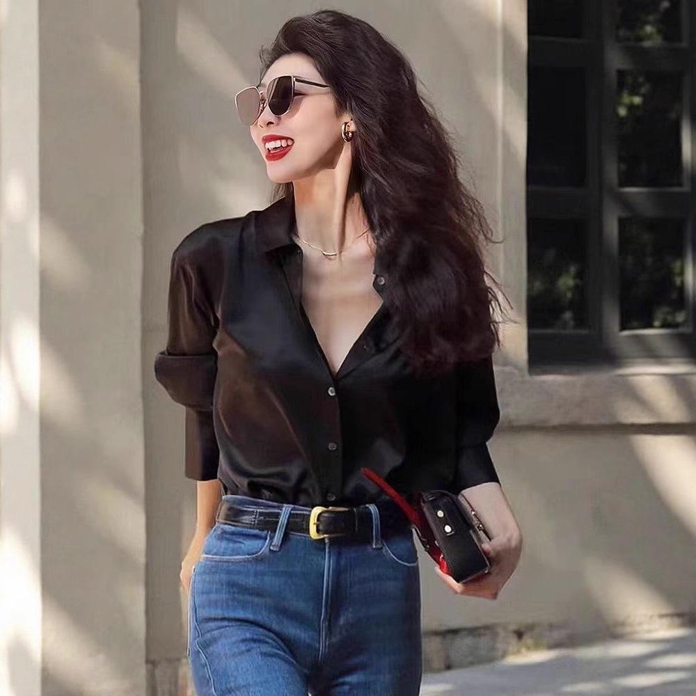 

2026 Early Spring Elegant Black Satin Shirt - Petite, High-End Fashion for Women Small абрикосовый