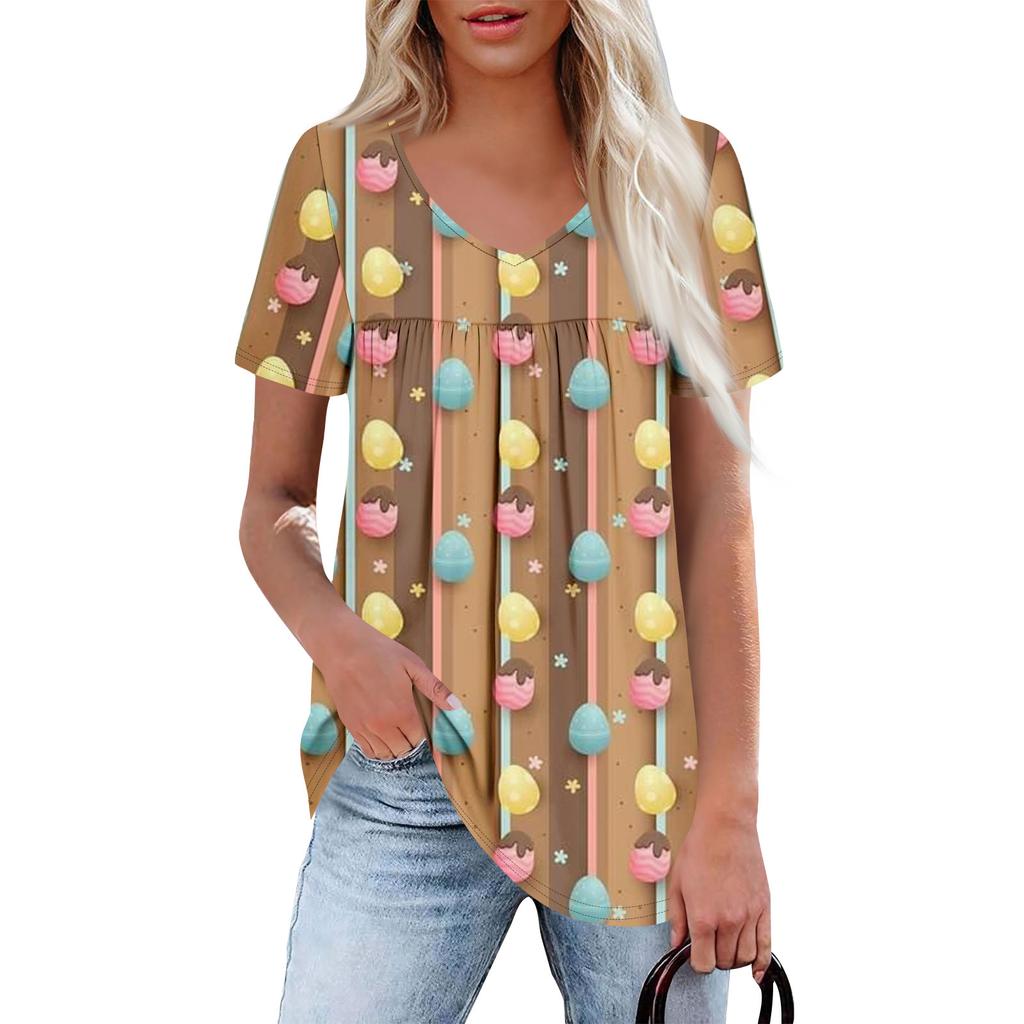 Ladies' Casual V-neck Short Sleeved Shirt With Pleated Easter Print On The Chest