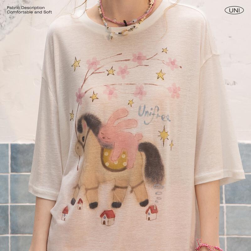 UNIFREE Sweet Pony Print Casual T-Shirt