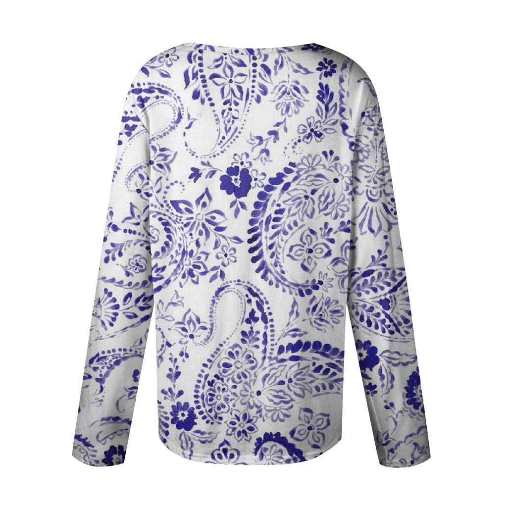 Women's Casual Fashion Printed Long Sleeve Lapel V Neck Button Pullover Top