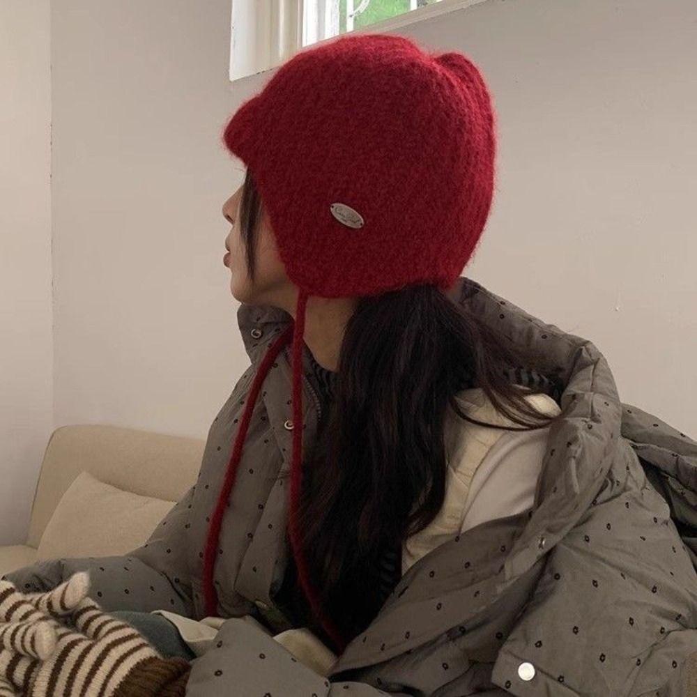 Rabbit Fur Earflap Hat Solid Color Beanie Hat Casual Knit Cap  Winter