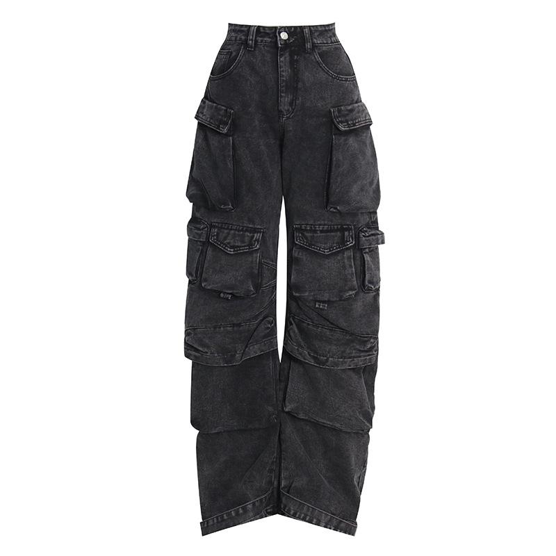 Autumn 2025 Women's High-Waisted Wide-Leg Jeans with Large Pockets and Casual Style