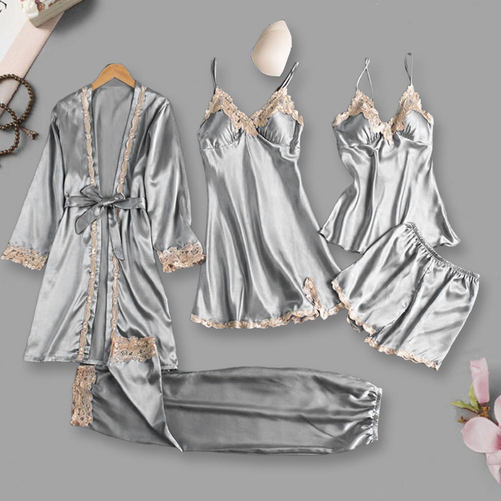 5 Stück/Set Damen Sexy Pyjama-Set Seidiges Satin Spitzen-Nachthemd Locker Schnürung an der Taille Hausanzug Schlafanzug