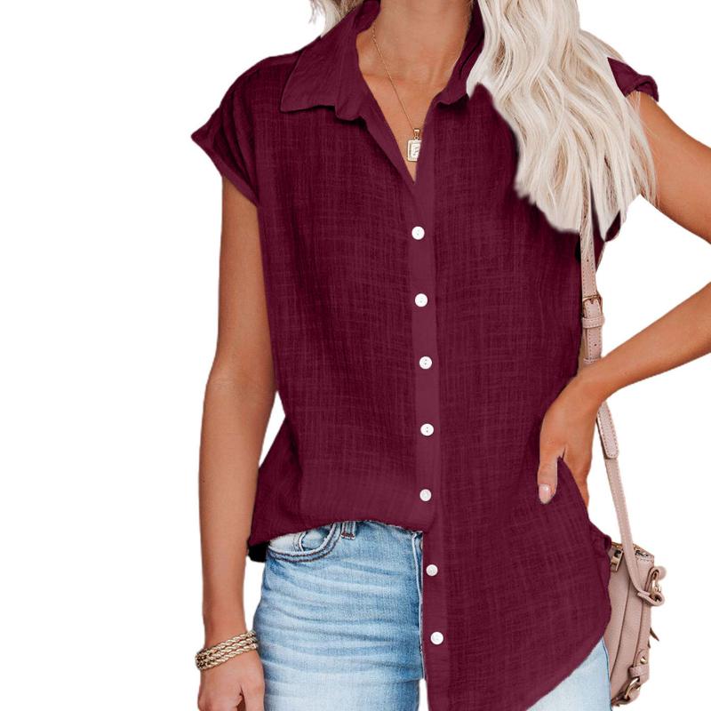 Camicetta da donna in lino di cotone tinta unita a maniche corte Camicie oversize con bottoni primavera estate Taglie forti Top lunghi con risvolto ampio