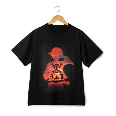 'One Piece'' Silhouette Bedrucktes Kurzarm-T-Shirt, Trendiges Anime-Casual-Oberteil