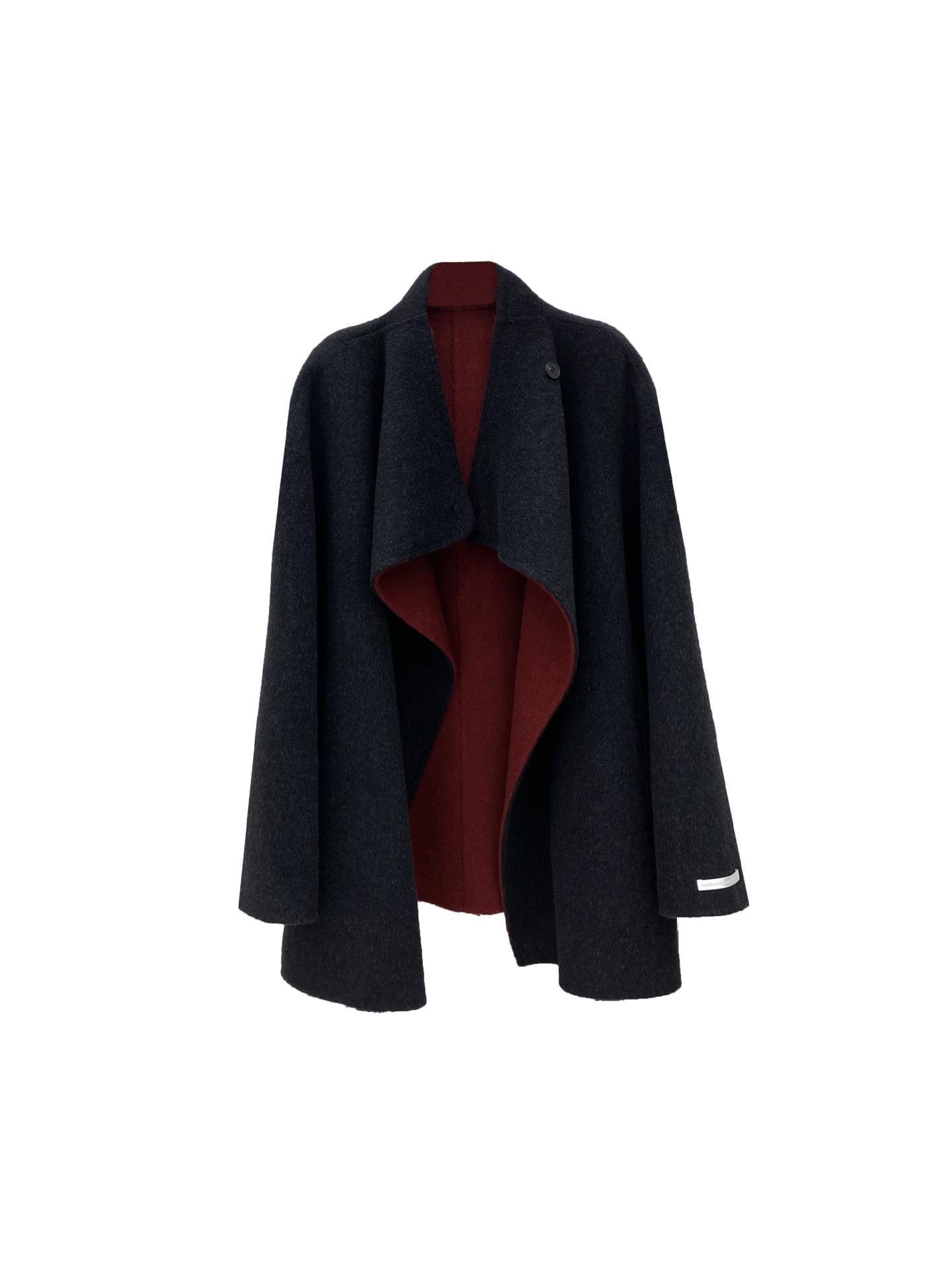 

Пальто из короткой двусторонней шерсти с воротником-стойкой, лацканами, свободного ленивого кроя, маленькое осенне-зимнее женское пальто верблюжьего и белого цвета One Size