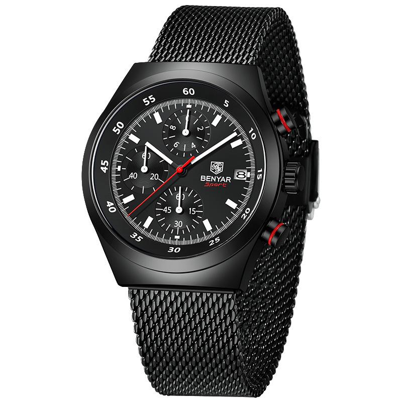 Benyar Men's Quartz Watch Simple Design Waterproof Chronograph Sports Watch Luminous Timer Stopwatch Business Wristwatch For Man