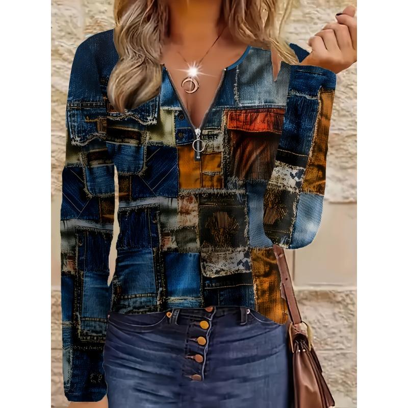 Painting Imitation Denim Elements, Printed Patterns, Code Tags, Women s Round Neck Zipper, Long Sleeves S