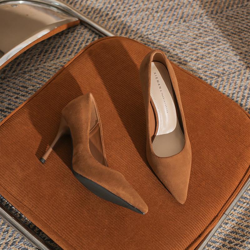 Suede high heels autumn and winter new versatile fashion black etiquette thin heel pointed single shoes women
