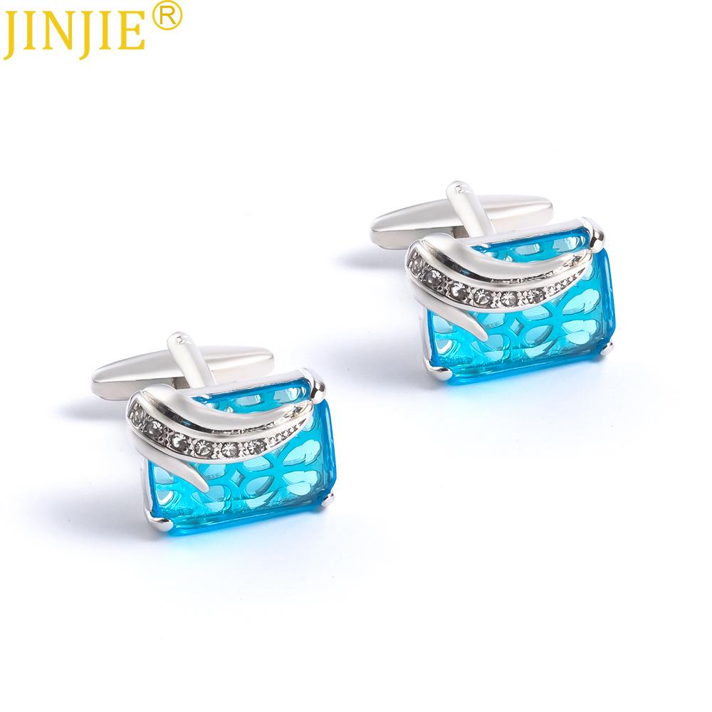 European and American Men's Silver Square Cufflinks with Rhinestone Crystal Zircon