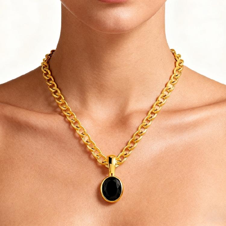 Comfortable Lightweight Oval Zirconia Pendant Necklace for Daily Use on Stainless Steel Gold Plated Chain