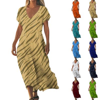 Mode Damen Sommer V-Ausschnitt Kurzarm Baumwolle und Leinen Vintage Blumendruck Strandkleid