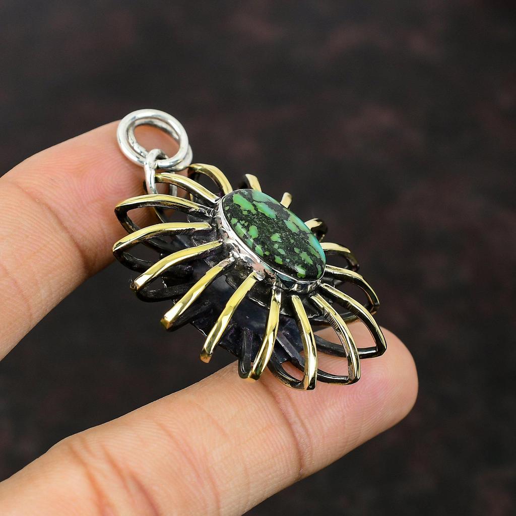 Tibetan Turquoise Pendant 925 Sterling Silver Pendant 18K Gold Plated Pendant Handmade Cage Jewelry Gift For Women Designer Gemstone Jewelry