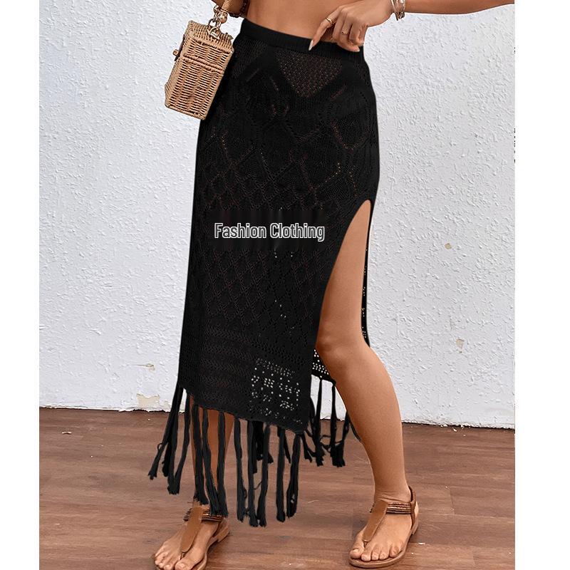 European-American High Slit Tassel Midi Skirt Beach Cover-Up