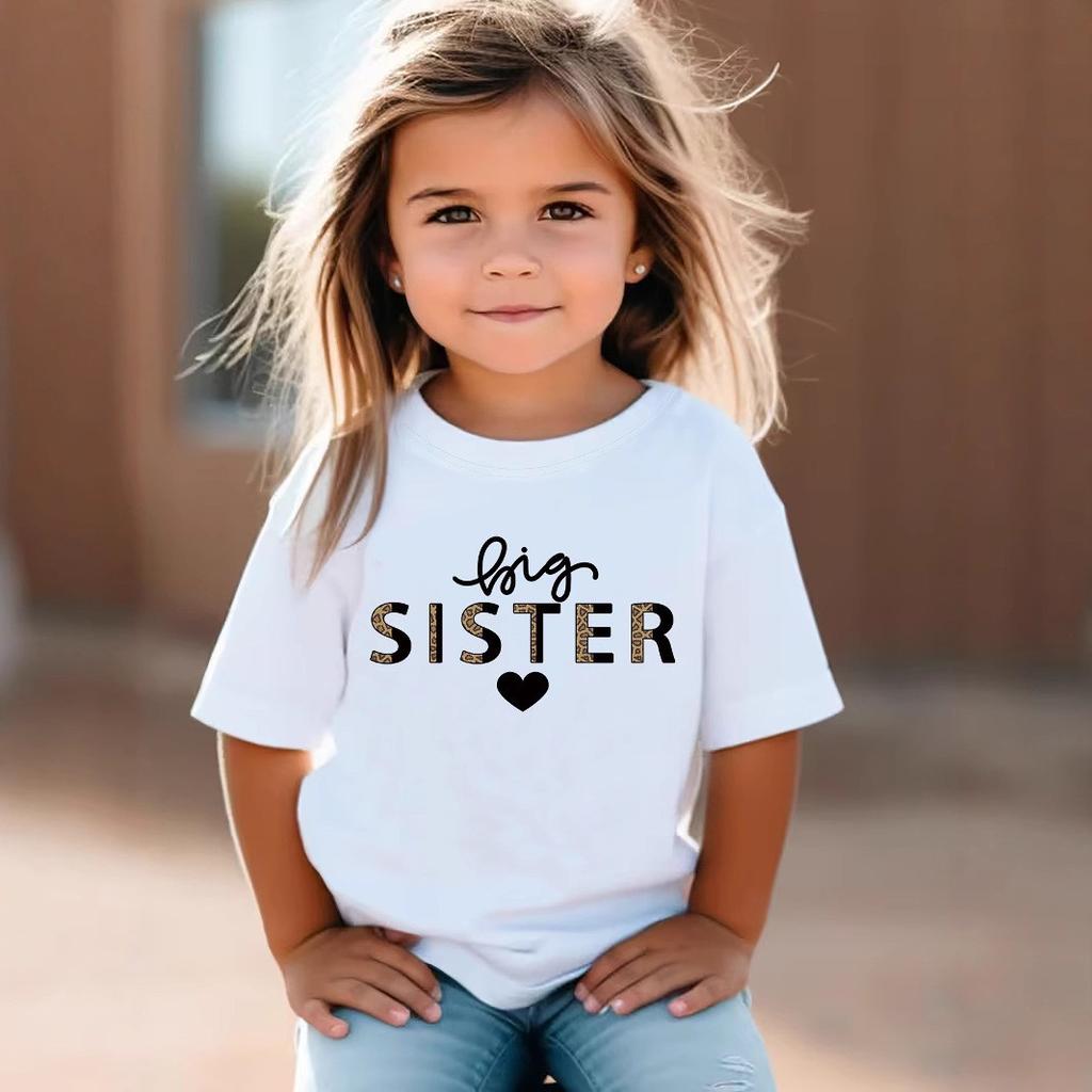 Camiseta Casual de Verão para Meninas com Estampa de Letras 'Big Sister', Moda Infantil com Manga Curta