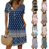 Damska Modna Retro Sukienka Casual z Nadrukiem, Okrągłym Dekoltem, Krótkim Rękawem i Guzikami