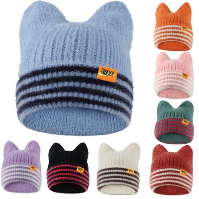 قبعة داندي جميلة جديدة قبعة بيني بأذن قطة قبعات شتوية حلوة للنساء قبعات شارع Y2K بألوان الحلوى مخططة قبعات دافئة للبنات