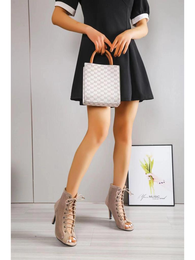 Sandale de damă cu toc înalt, cu șireturi, plasă peep-toe, mărimi mari, primăvară/vară 2024