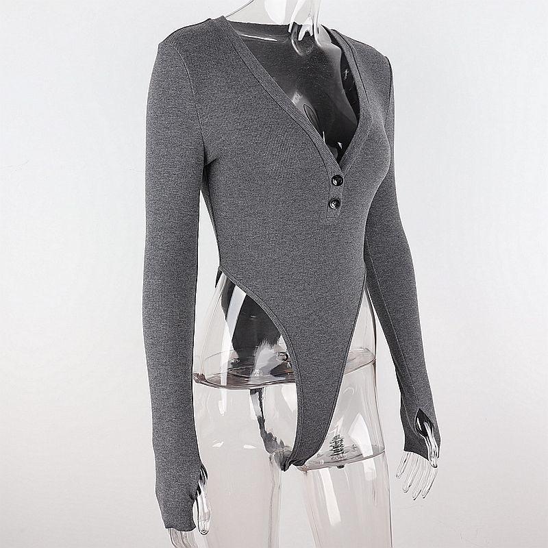 Deep V Low-Cut Long Sleeve Bodysuit Top with Button and Finger Hook for Women, Slim Fit.
