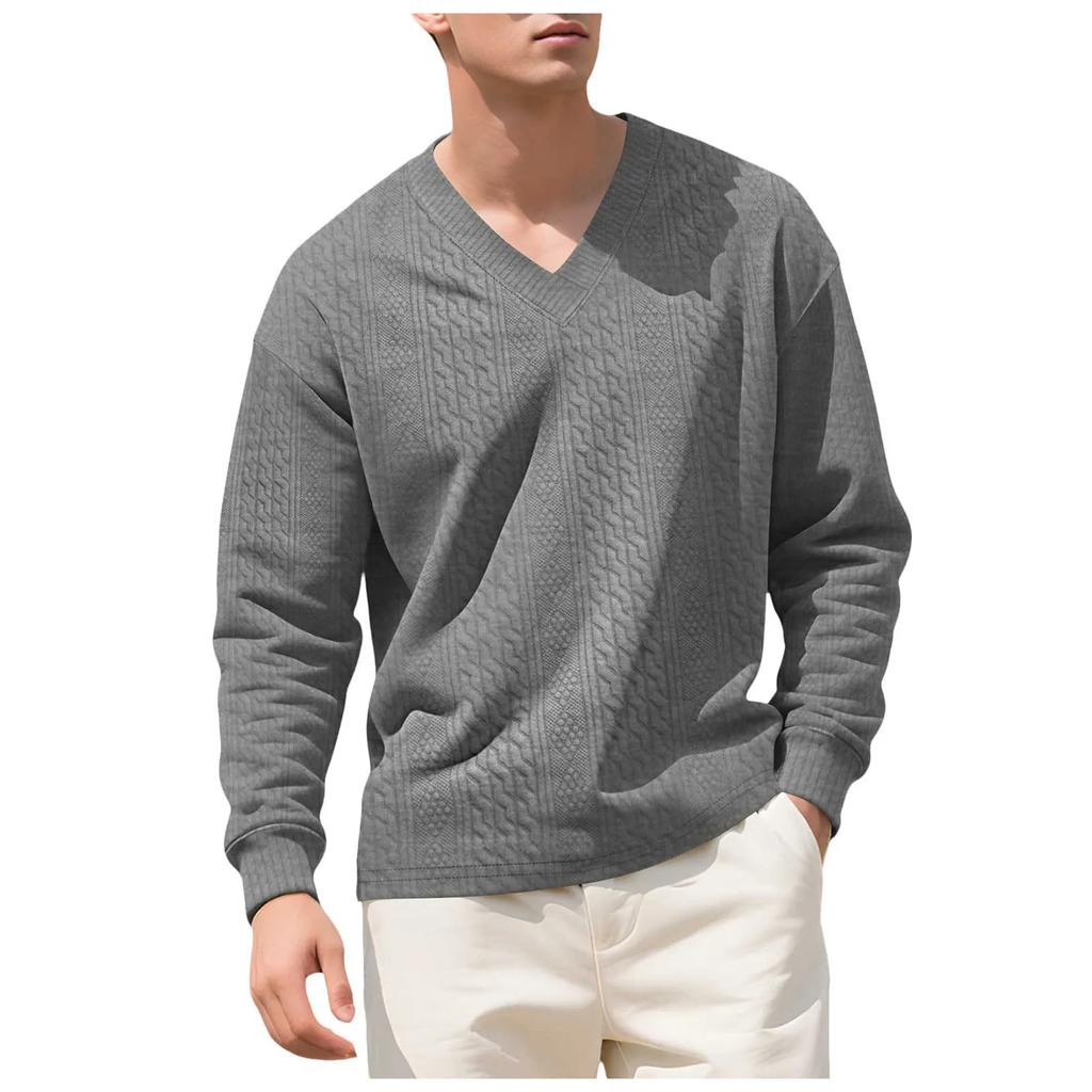 Spring Autumn Soild Color Jacquard V Neck Sweatshirt Knit Pullover Men's Casual Sweatshirts Long Sleeved Tops Sportwear