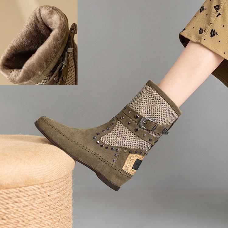 Fashion Cow Suede Rivet Belt Buckle Round Head Low Heeled Short Boots Fashionable Winter Tassel Short Plush Women's Ankle Boots Size 43